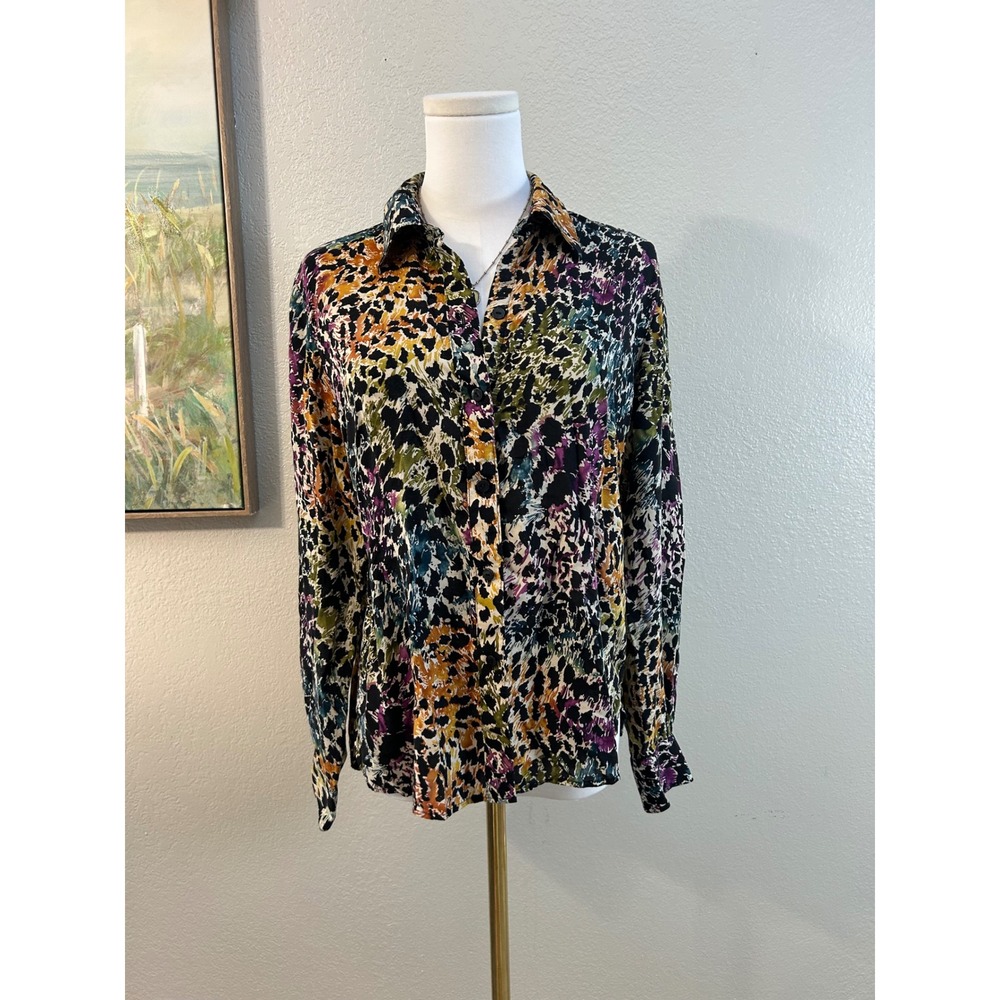 Foxcroft Fitted Fit Animal Print Button Down Blouse Petite 14P Career Chic